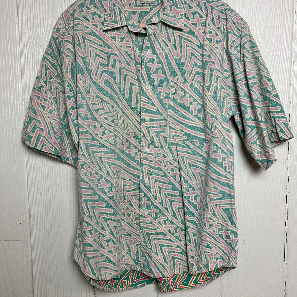 Bugle Boy Geometric Green and Pink Button Down Shirt Men’s Size L
